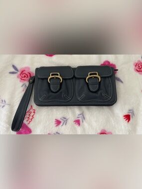 Vintage Cole Haan Navy Blue Leather Wristlet Organizer Wallet Double Pocket